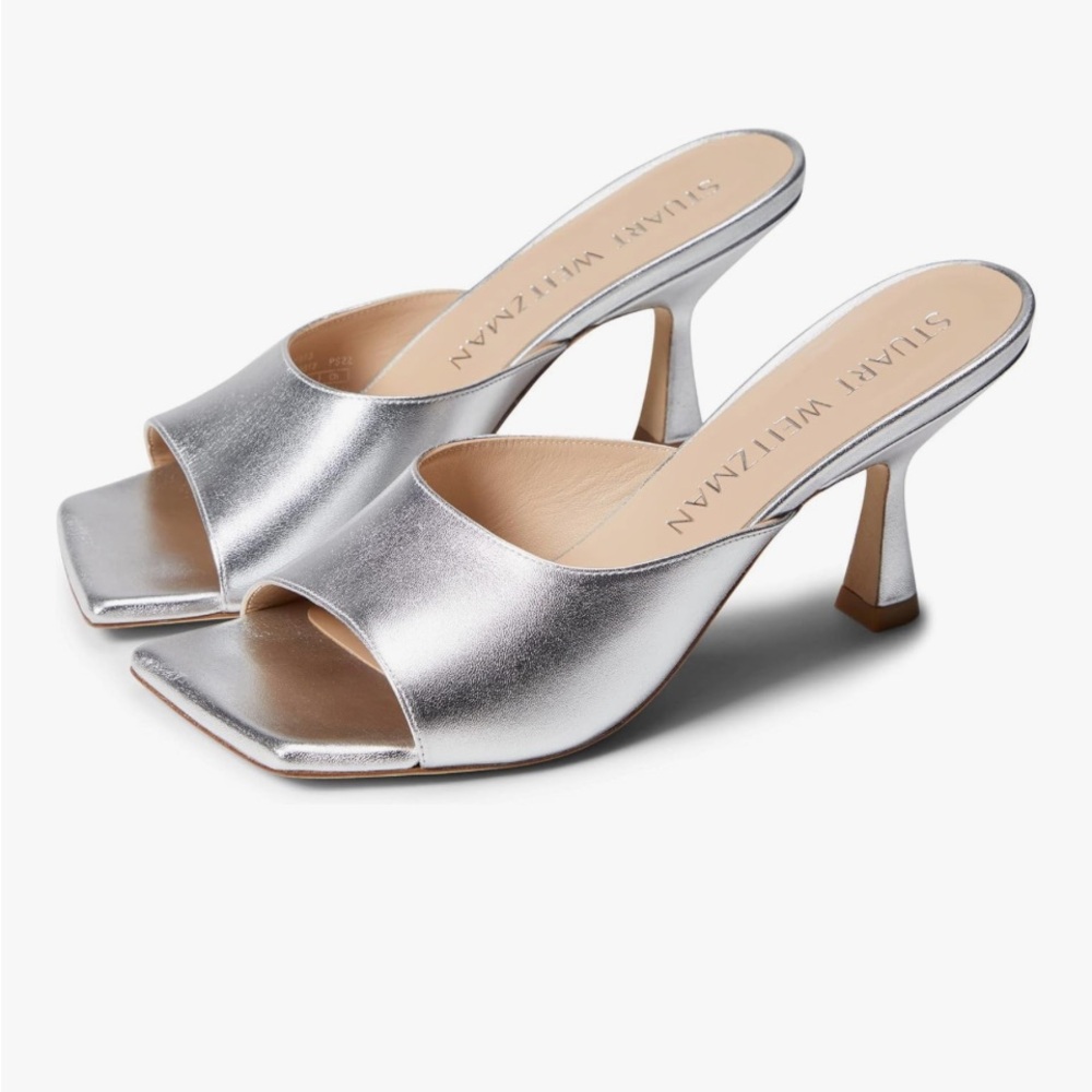 NWOT Stuart Weitzman Tia Sandals Slides Heels In Metallic Silver Size 10.5